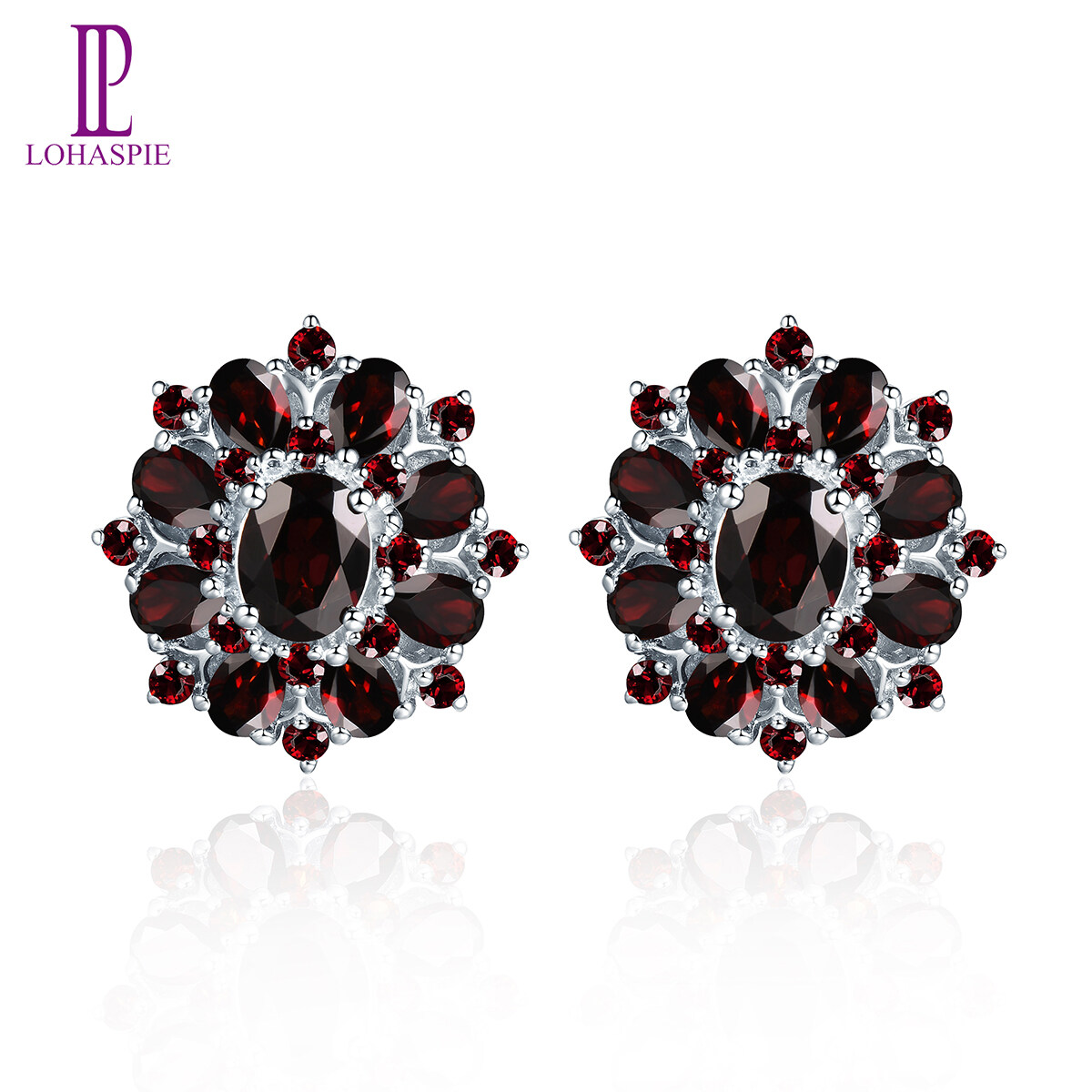 Flower Stud Earrings for Women Gift Black Garnet Silver Natural Gemstone 925 Sterling Silver Classic Elegant