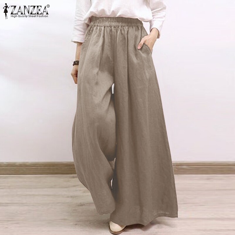 ZANZEA Women Casual Baggy Solid Color Thin Pants Wide Legs Elastic Waist Long Trousers